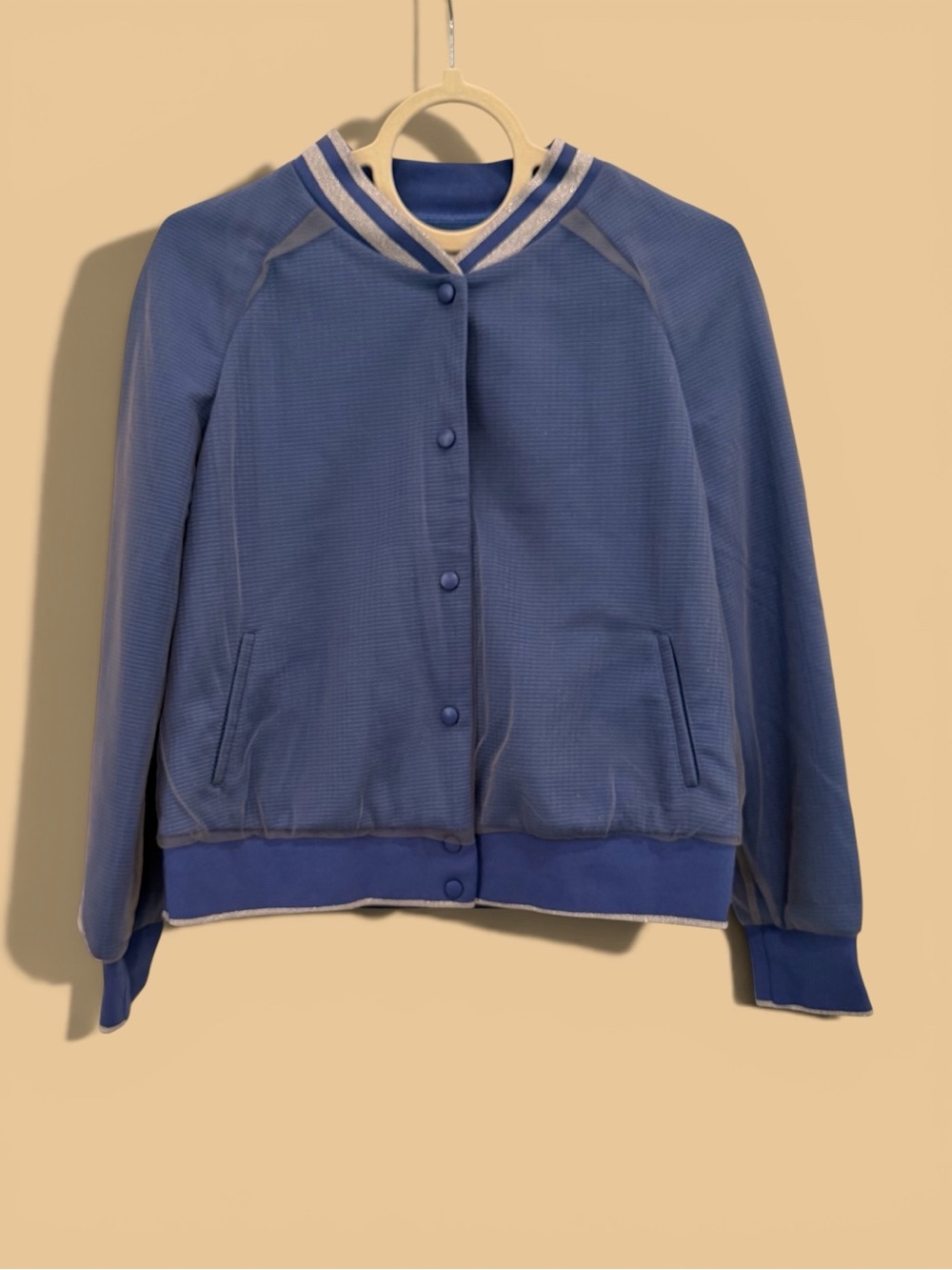 Tune & tune Women’s Blue Varsity Jacket With a Unique Sheer Overlay. Size Medium